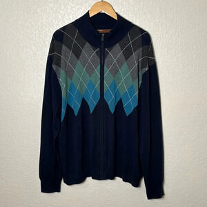 Perry Ellis Men’s XXL Navy Cardigan Zip Up 100%‎ Cotton Green Blue Grey Argyle